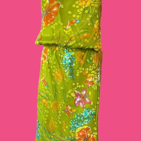 Lynn Lugo  Women's 100% Silk  Green Flower Strapless dress  made in USA, size 4 - Picture 2 of 6